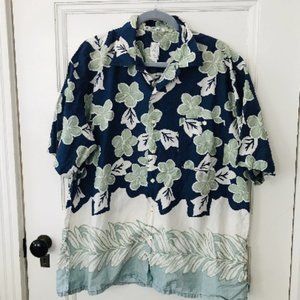 Vintage Blue Green Burma Bilas Batik Cotton Lawn Hawaiian Shirt